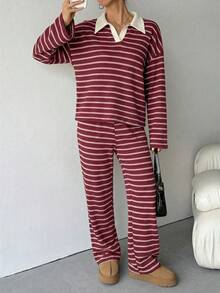 SHEIN Tall Women's 2pcs Set Loose Striped V-Neck Drop Shoulder Long Sleeve T-Shirt &Elastic Waist Striped Pants, Winter Sweater Suit ,Autumn/Winter Loungewear Women Two Piece Lounge Set Lounge Wear Striped Lounge Set Womens Lounge Set - Red - View 3