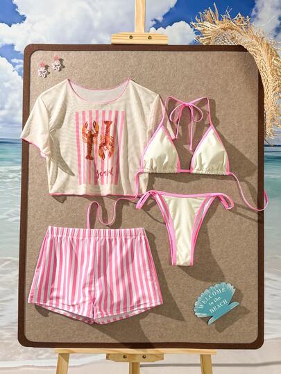 Swim Vcay 2026 New Spring/Summer 4-Piece Women Set, Solid Color Triangle Bikini Top, Random Print Striped Boyshort Bottoms, Casual Beach Vacation Swimsuit Set