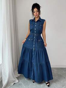 Elenzga Women's Casual Everyday Commuting Flap Pocket Elastic Waist Sleeveless Denim Jumpsuit Dress, Summer - Blue - View 5