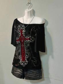 Attitoon Casual Minimalist Cross Full Print Off-Shoulder Loose Women T-Shirt,Graphic Tees Carnival - Multicolor - View 4