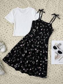 SHEIN Set Gaun Camisole dan Kaos Lengan Pendek Motif Bunga Kecil Kasual Musim Panas untuk Anak Perempuan Remaja - Hitam dan Putih - View 2