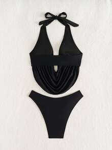 Bonvoyette Bộ bikini hai mảnh màu đen cổ chữ V sâu, kiểu dáng thoải mái, thích hợp cho kỳ nghỉ hè, đi biển, gồm áo crop top và quần bikini cạp cao. - màu đen - Xem 4