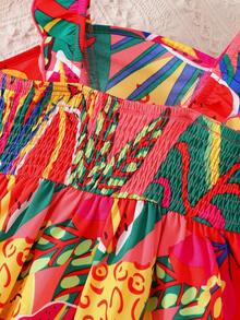 SHEIN Vestido casual con cuello cuadrado tejido y dobladillo con volantes para niña joven - Multicolor - Ver 3