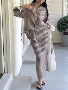 DAZY Women's Striped Drop Shoulder Long Sleeve Pocket Shirt And A-Line Skirt Casual 2-Piece Set - Brown - View 6