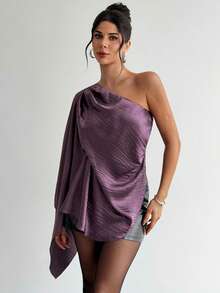 Firerie Stylish Purple Textured One Shoulder Top For Women Casual Ruched Asymmetrical Long Fitted Blouse - Purple - View 2