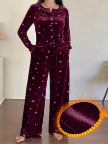 DAZY 2件套女士星形印花丝绒长袖开衫和长裤睡衣套装，秋冬款 - 酒紅色 - 查看 3