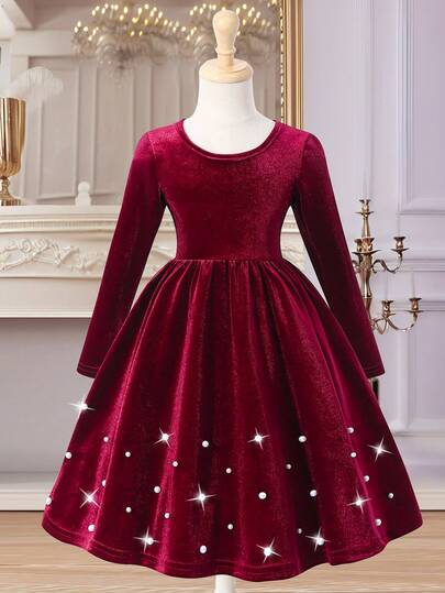 Glamorique Kids Girls' Vintage Elegant Velvet Scoop Neck Long Sleeve Dress, Fashion Beaded Hem Decoration, Autumn/Winter