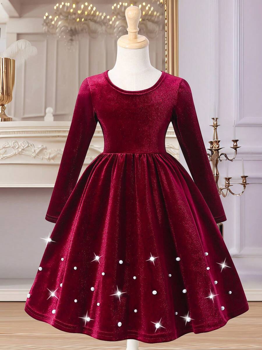 Glamorique Kids 女童复古优雅丝绒圆领长袖连衣裙，时尚串珠下摆装饰，秋冬款 - 酒紅色 - 查看 1