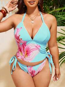 Slaydiva Plus Size Women 2-Piece Floral Print Swimwear, Fashionable Vacation & Everyday Casual Minimalist High Waist Triangle Bikini - Blue - View 3
