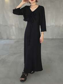 FRIFUL Women's Solid Color Textured Fabric Cinched Waist Flared Loose Casual Versatile 2 Pieces Set - Black - View 5