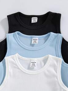 SHEIN Playful Pals 3件套男婴圆领纯色休闲无袖连体衣 - 彩色 - 查看 4