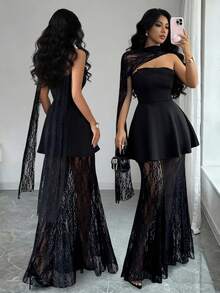Elenzga 女士黑色蕾丝披肩搭配黑色抹胸束腰蕾丝拼接连衣裙，优雅高端设计，适合生日礼物、约会、派对、正式活动、晚宴、音乐节、情人节、复活节、劳动节、返校派对、单身派对、节日聚会、春夏装扮，时尚必备单品，尽显高端蕾丝设计魅力。 - 黑色 - 查看 1