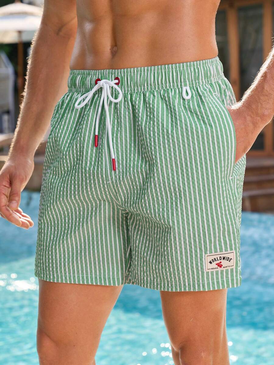 Zalmeno 男士夏季度假条纹斜插口袋抽绳腰沙滩短裤 - 薄荷綠 - 查看 1