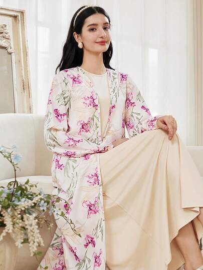 Blommigt Abaya Jalabiya-morgonrockset med överdrag och lös maxikjol, outfit för tonårsflickor, lämplig för kulturevenemang, utomhusaktiviteter, festivaler, vår/höst