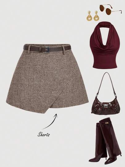 SHEIN MOD Plus Size Dam Khaki Hundtandsmönstrade Ullshorts med Bälte och Sidoknappar – Vintage 70-tal, Y2K, Dejt, Fest, Hov, Festlig, Födelsedag, Bal, Preppy, Tillbaka till skolan och Kontorskläder