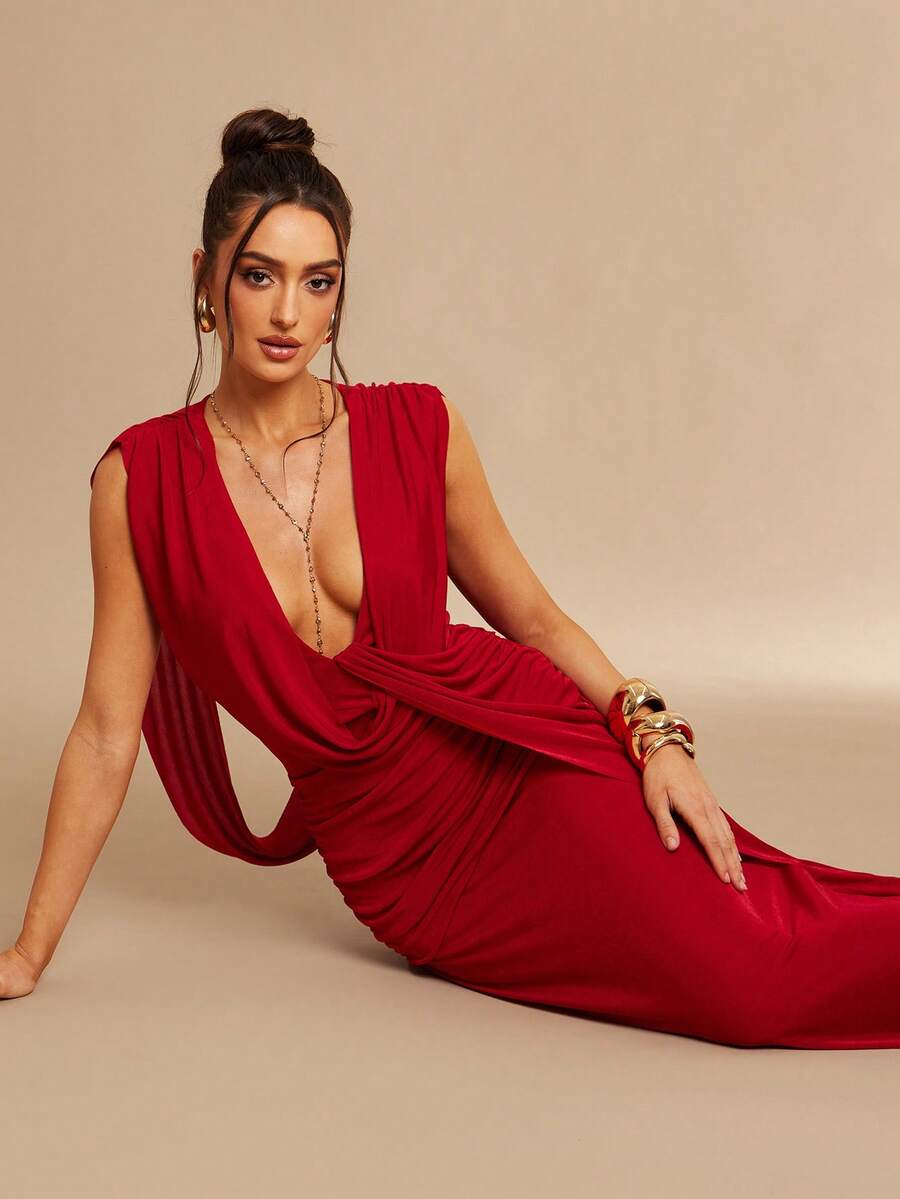 Silquee Đầm không tay cổ chữ V sâu gợi cảm thời trang dành cho nữ - Màu Đỏ Sâu - Xem 1