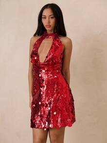 SHEIN Glamour 女士时尚性感派对亮片深V露背迷你连衣裙 - 紅色 - 查看 5