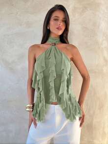 Aloruh Women's Elegant Multi-Layer Ruffle Trim Stand Collar Fitted Tank Top - Green - View 4