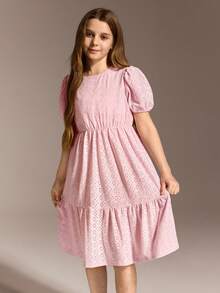 SHEIN Sparklyn Tween Girls' Summer Casual Hollow Out Embroidery Puff Sleeve Dress - Baby Pink - View 3