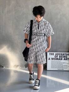 Mirajuku 2件組青少年男孩全印花連帽 Polo T恤與配套短褲，黑白配色，夏季街頭風城市度假舒適柔軟運動套裝 - 白色 - 查看 4
