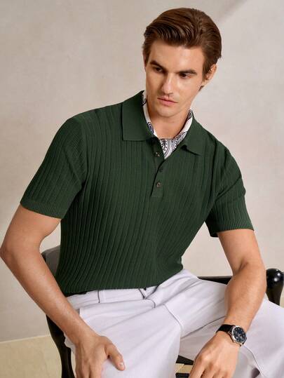 Manfinity CityGents Herr Casual Vardag Kontor Pendling Enfärgad Kortärmad Stickad Polotröja