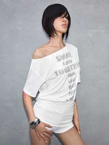 ROMWE J-Fashion Áo thun nữ tay ngắn trễ vai in chữ nhuộm tie-dye gợi cảm - trắng - Xem 5