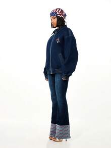 BABYPHAT Chaqueta vaquera oversize con estampado de logo y cierre con cremallera para moda casual de calle en invierno y otoño - Azul Marino - Ver 5