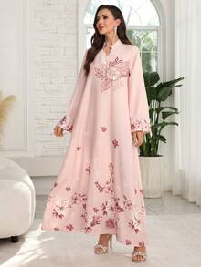 Al Najma 女士花卉图案水钻装饰优雅长袖阿拉伯风格连衣裙 - 粉色 - 查看 4