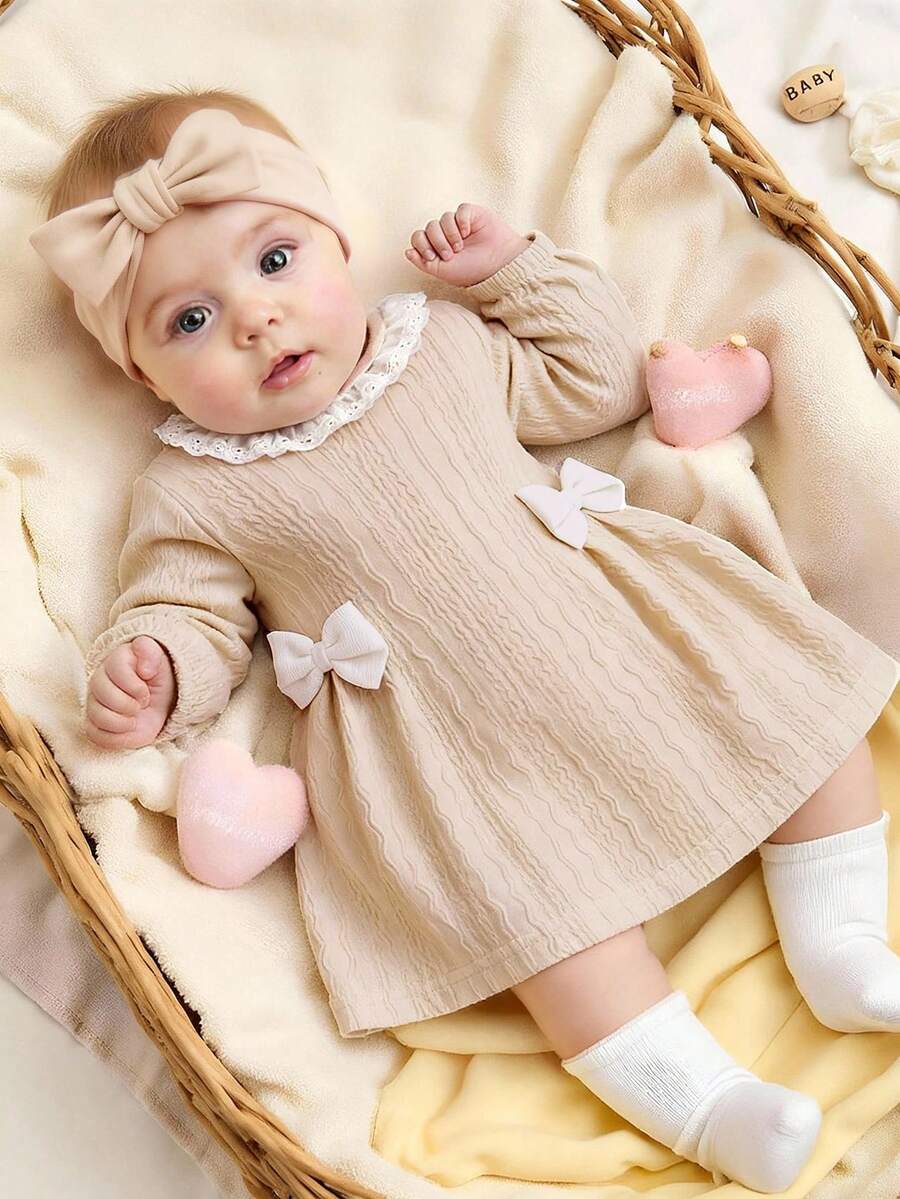 新生儿粉色蝴蝶结装饰公主裙，甜美花朵饰边领子连体衣 - 卡其色 - 查看 1