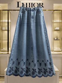 GlowEve 女士刺绣单排扣牛仔背心和牛仔迷你裙休闲套装 - 中等水洗藍 - 查看 3