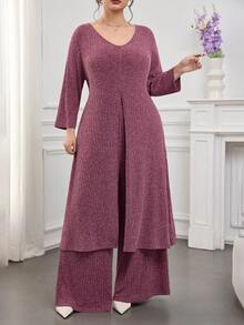 Modelyn 大码女式纯色V领长袖开衩下摆罗纹长款T恤和阔腿裤休闲两件套 - 紫色 - 查看 4