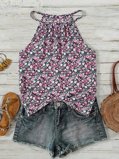 SHEIN LUNE Women's Casual Ditsy Floral Backless Bow Tie Camisole