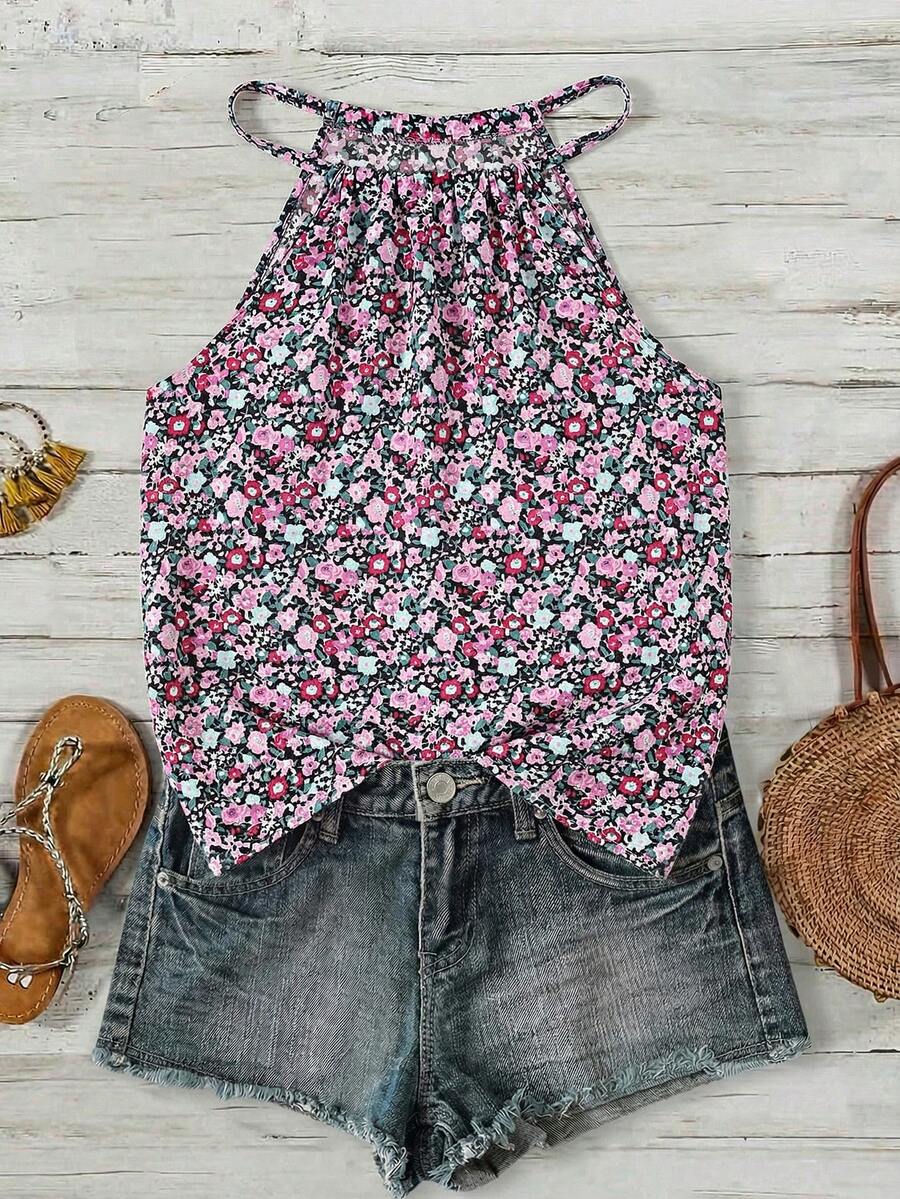 SHEIN LUNE Women's Casual Ditsy Floral Backless Bow Tie Camisole - Purple - View 1