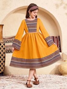 SHEIN Tween Girl Geometric Print Patchwork Long Sleeve Dress - Yellow - View 3