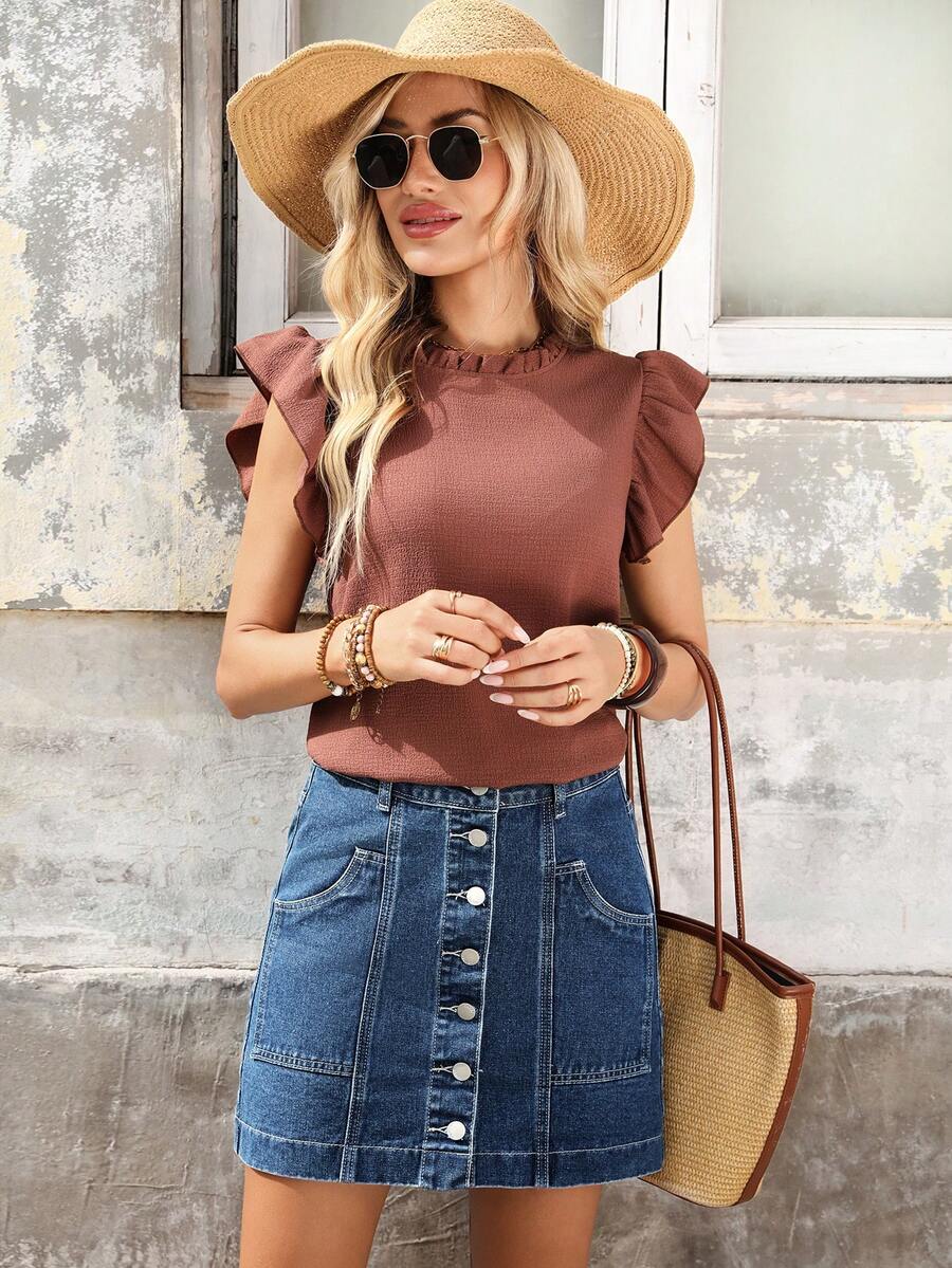 EMERY ROSE Women's Casual Daily Commute Versatile Button Fly Patchwork Slant Pocket Denim Mini Skirt, Summer - Dark Wash - View 1