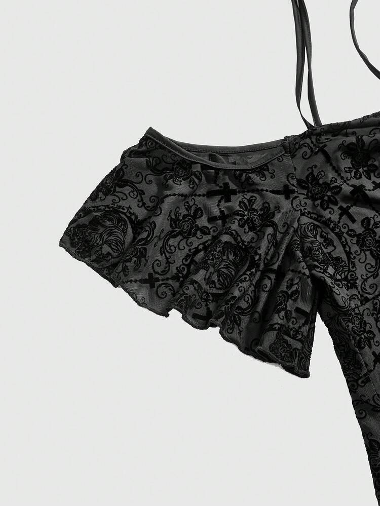 ROMWE Plus Size Gothic Cross Vintage Print Asymmetric Hem Off Shoulder Lace Camisole Top In Black - Black - View 3