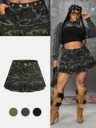 EDITION Minigonna in denim plissettata con catena a stella e tessuto mimetico, stile punk sexy, per taglie forti