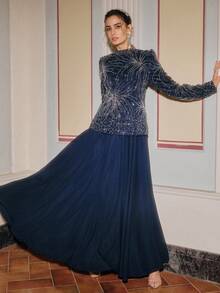 Anewsta Women's Bestselling New Beaded & Sequin Embellished Long Sleeve Fitted Elegant Dress, Suitable For Back To School, Party, Birthday - Blue - View 5