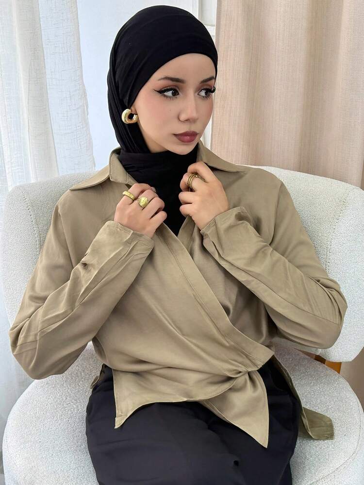 Asymmetrical Hem Batwing Sleeve Ruched Wrap Blouse,Long Sleeve Tops Fall