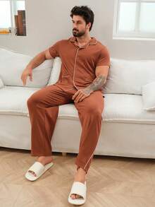 DAZY Herrset med bruna kontrastrandiga loungewear-plagg, vår/sommar - Brun - Visa 7