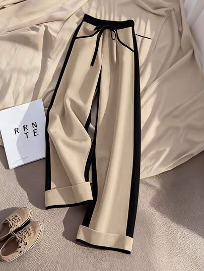 GlowEve Women's Contrast Color Waist Tie Loose Wide Leg Casual Pants