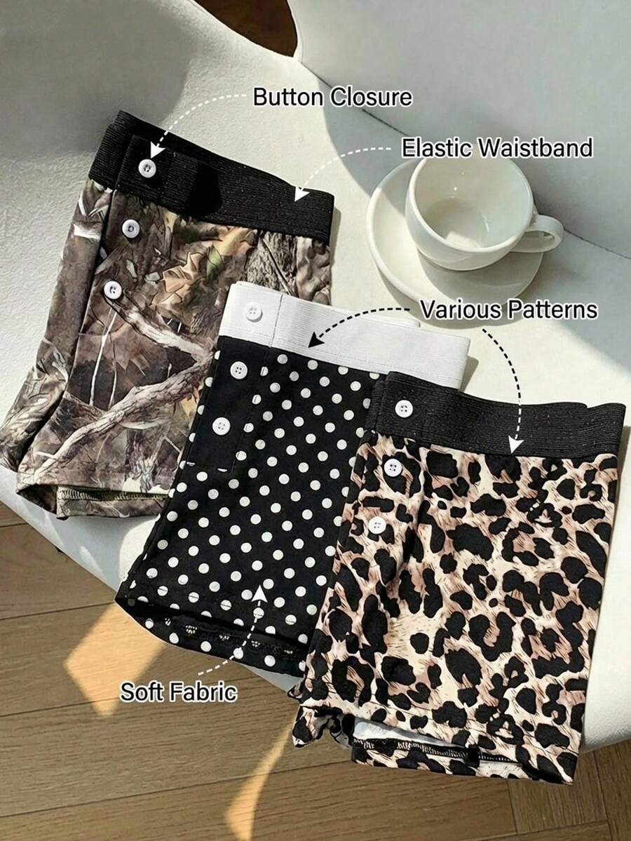 Comfortcana 3件套女士休闲简约度假迷彩、波点、豹纹印花短裤，适合夏季度假、海滩之旅 - 彩色 - 查看 1