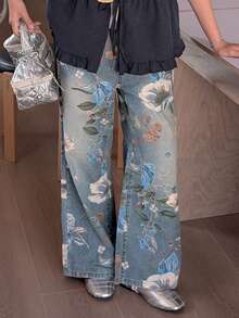 DAZY Tween Girls' Casual Floral Print Loose Wide Leg Jeans - Blue - View 3