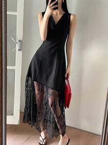 DAZY 女士纯色V领蕾丝下摆无袖优雅中长连衣裙度假夏日连衣裙 - 黑色 - 查看 2