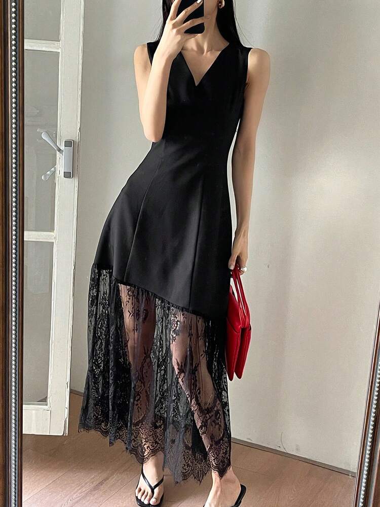 Women's Solid Color V-Neck Lace Hem Sleeveless Elegant Mid-Length Dress Vacation Sundress Summer