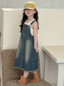 DAZY 女童宽松休闲牛仔背带裙，带口袋 - 藍色 - 查看 5