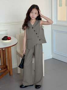 Dazy Kids Tween Girl V-Neck Wrap Sleeveless Jacket And Long Pants Elegant Outfit - Grey - View 6