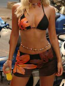 Swim Mod 3件套女士性感豹纹吊带三角罩杯网纱比基尼泳衣 - 黑色 - 查看 1