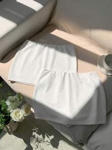 SHEIN EZwear 2件套女士针织短裤带内衬迷你裙裤套装 - 白色 - 查看 5