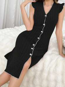 Women's Summer Ruffle Armhole Button Front Contrast Trim Casual Dress - Black - View 4